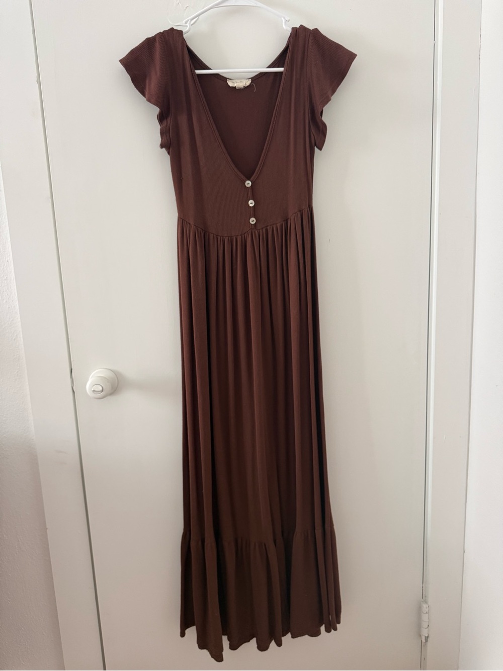 Brown V-Neck Maxi Dress with Button Detail